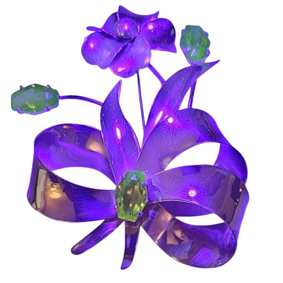 Sterling By Jordan Uranium Glass Rhinestone Flower Brooch Gold Vermeil Pin, L957 - Picture 5 of 11